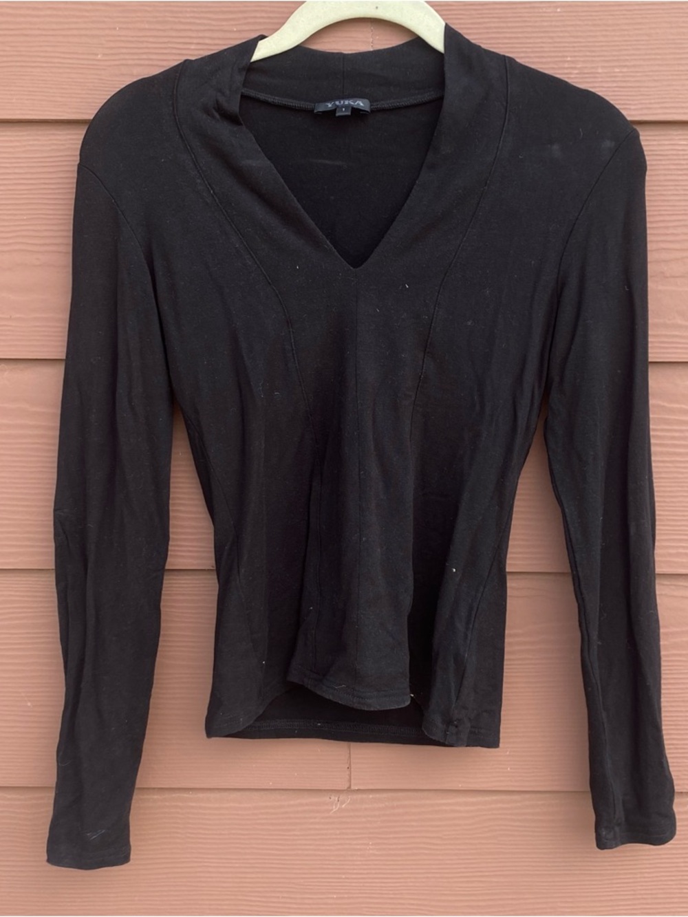 YUKA Tencel Black Long Sleeve Top V Neck Blouse Size 1 - Small